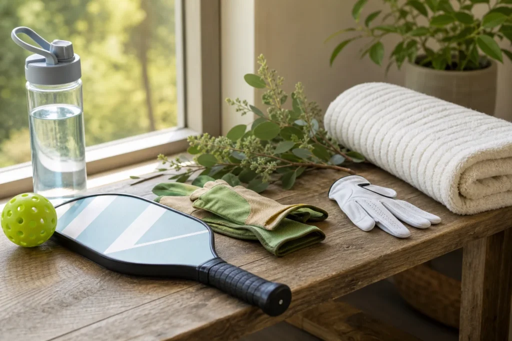 Golf, pickleball, and gardening items beside folded massage linens in Bella Vista