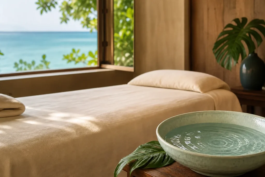 Flowing ocean-inspired fabric representing the rhythm of Lomi Lomi bodywork